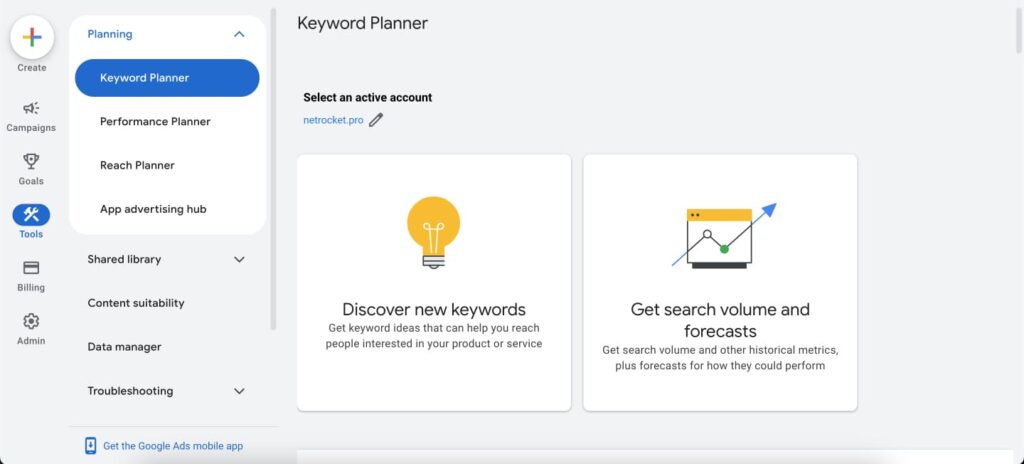 Google Ads keyword planner