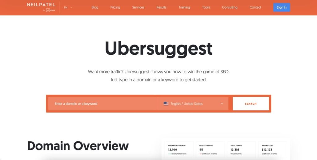 Ubersuggest keyword research tool